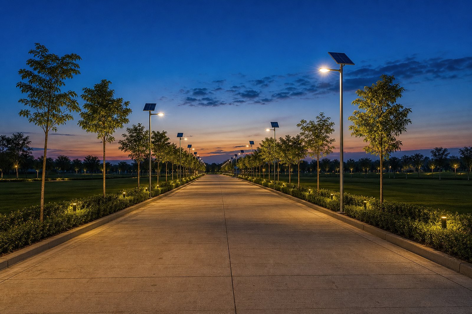 Solar lit avenues at dusk